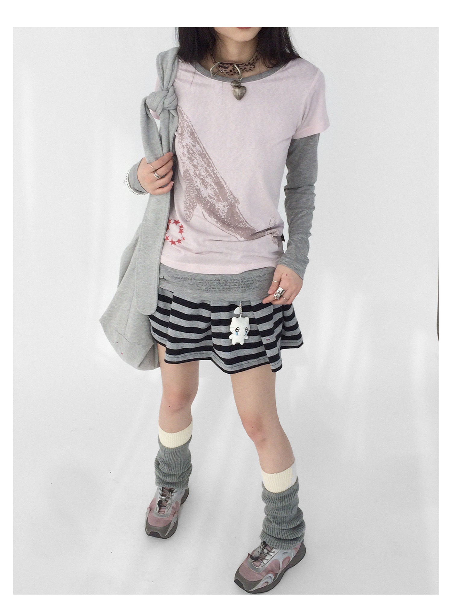 innomoood Striped Pleated Knit Miniskirt with Ribbed Waist