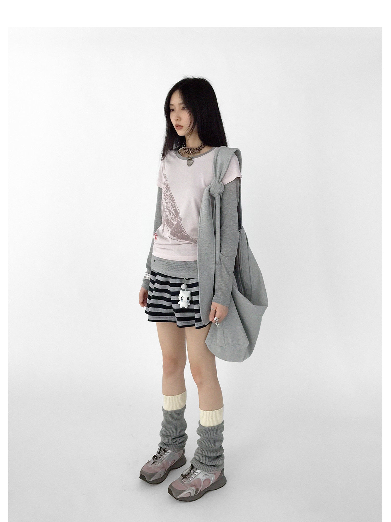 innomoood Striped Pleated Knit Miniskirt with Ribbed Waist