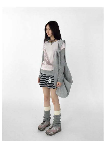 innomoood Striped Pleated Knit Miniskirt with Ribbed Waist