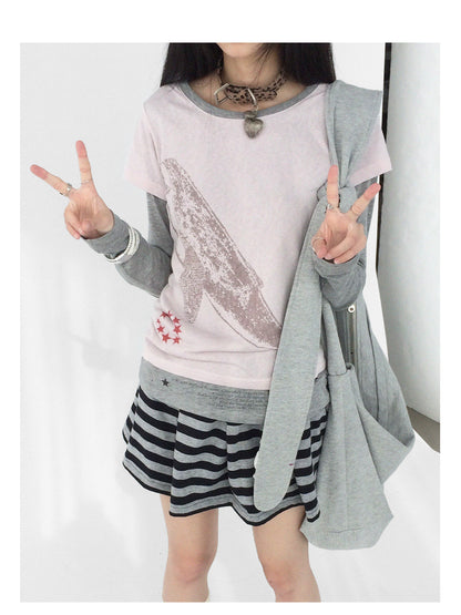 innomoood Striped Pleated Knit Miniskirt with Ribbed Waist