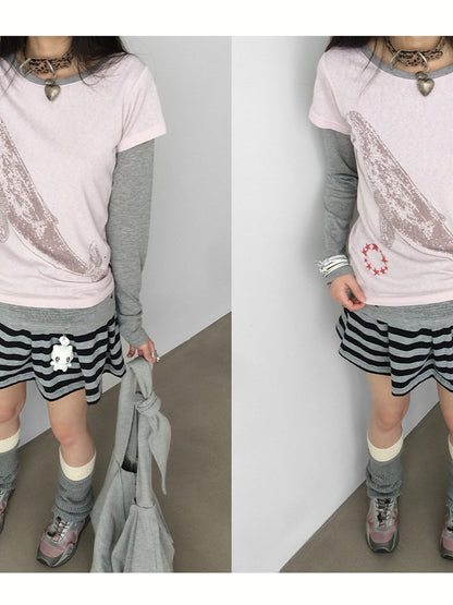 innomoood Striped Pleated Knit Miniskirt with Ribbed Waist