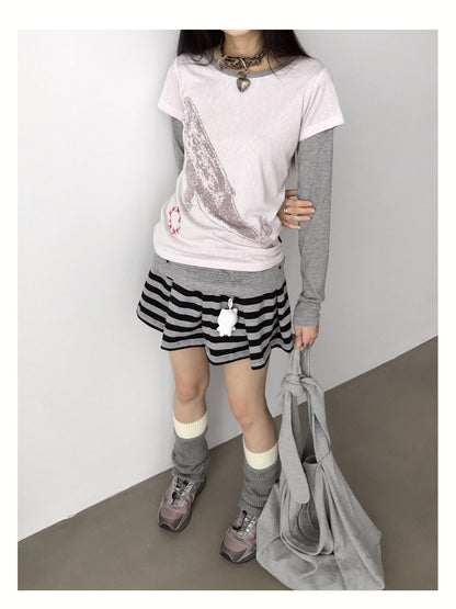 innomoood Striped Pleated Knit Miniskirt with Ribbed Waist