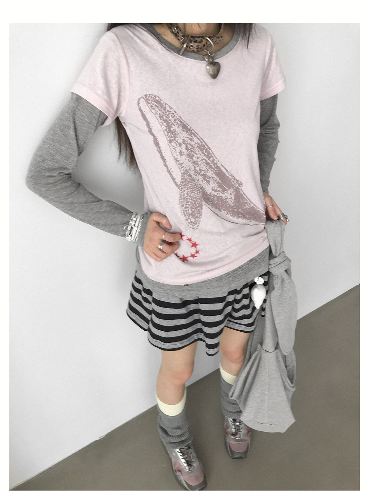 innomoood Striped Pleated Knit Miniskirt with Ribbed Waist