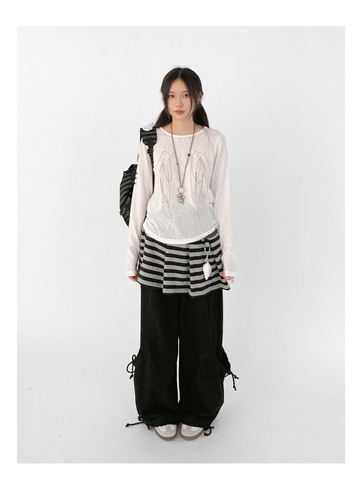innomoood Striped Pleated Knit Miniskirt with Ribbed Waist