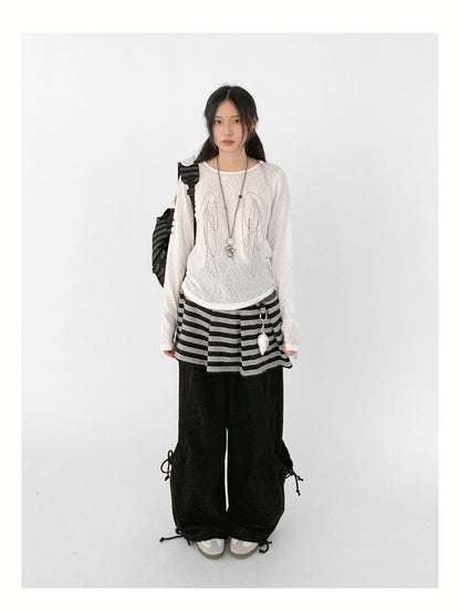 innomoood Striped Pleated Knit Miniskirt with Ribbed Waist