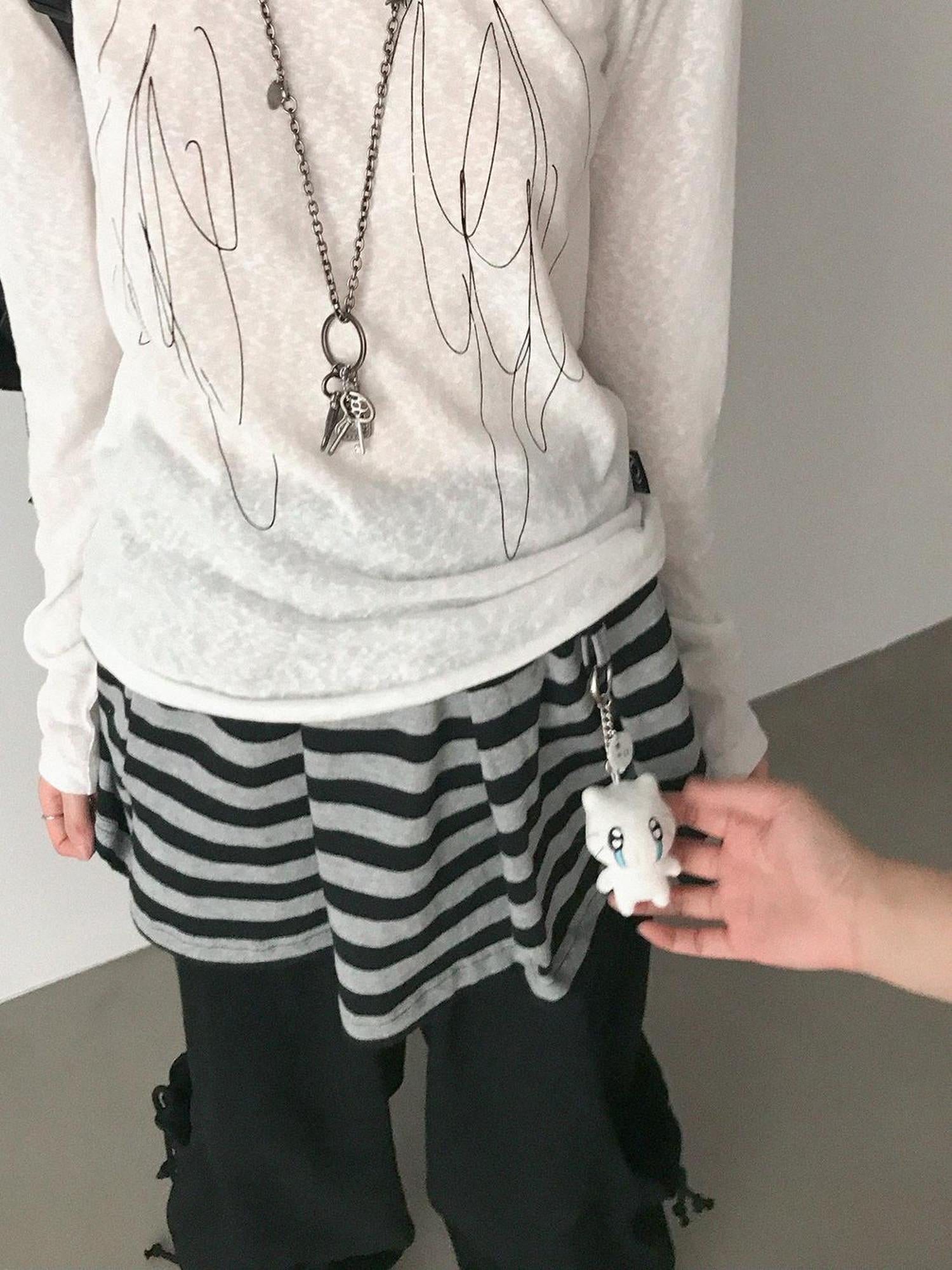innomoood Striped Pleated Knit Miniskirt with Ribbed Waist