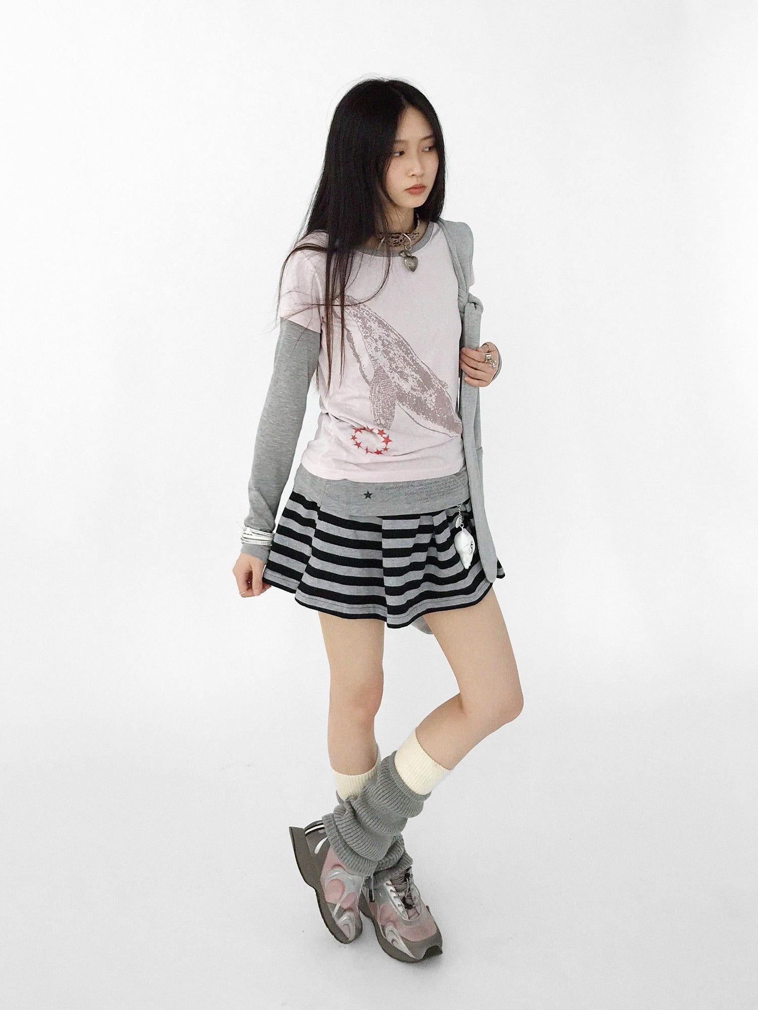 innomoood Striped Pleated Knit Miniskirt with Ribbed Waist