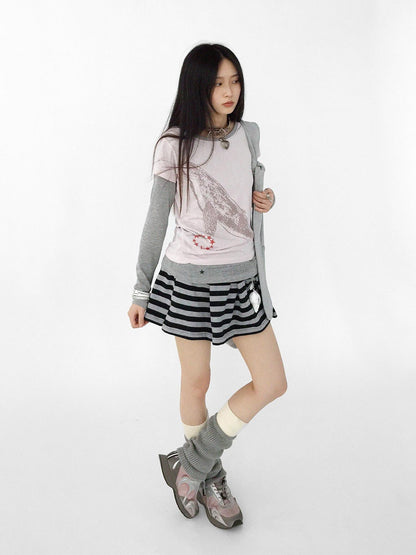 innomoood Striped Pleated Knit Miniskirt with Ribbed Waist