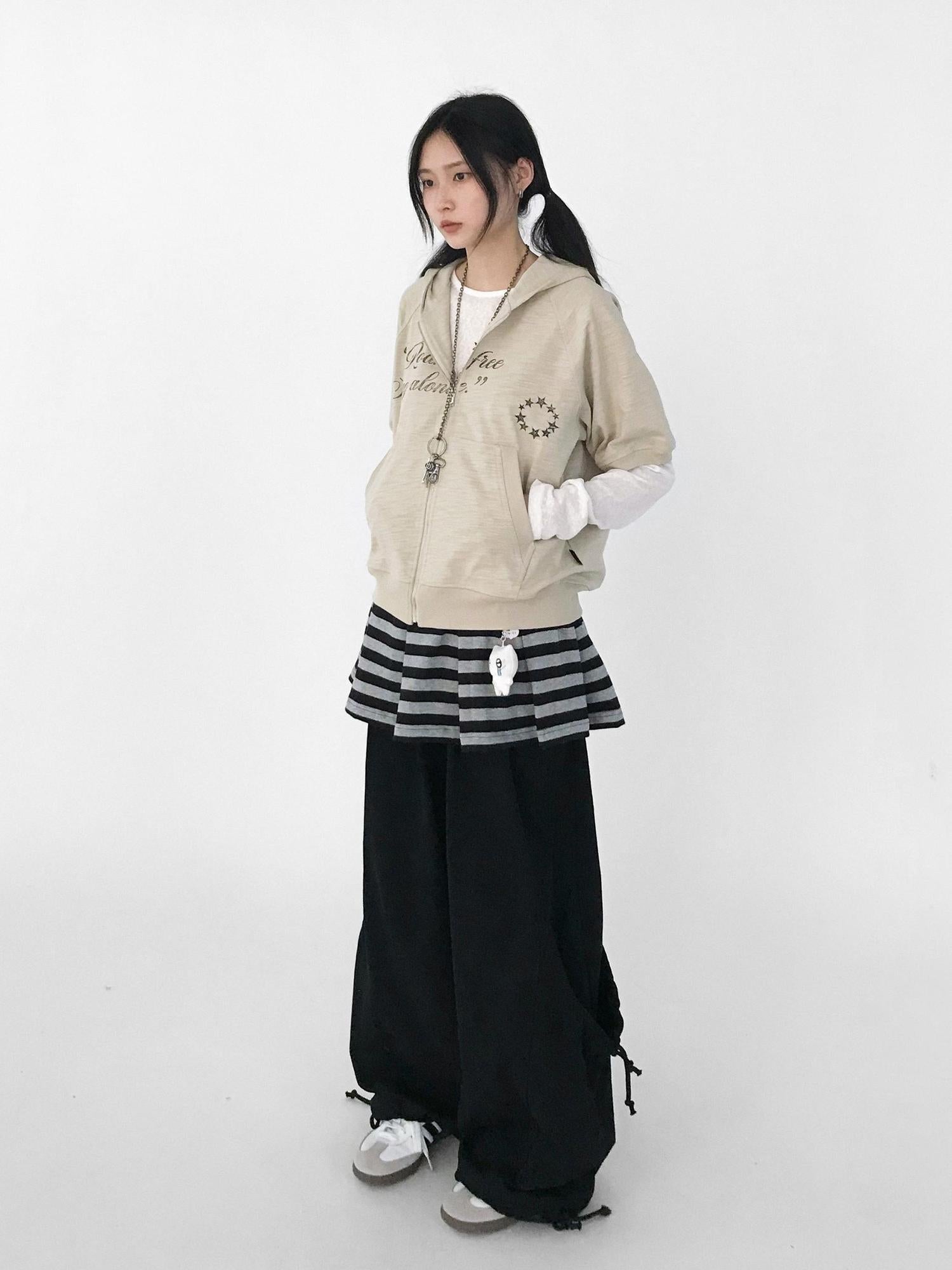 innomoood Striped Pleated Knit Miniskirt with Ribbed Waist