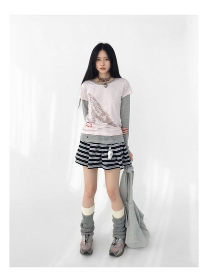 innomoood Striped Pleated Knit Miniskirt with Ribbed Waist