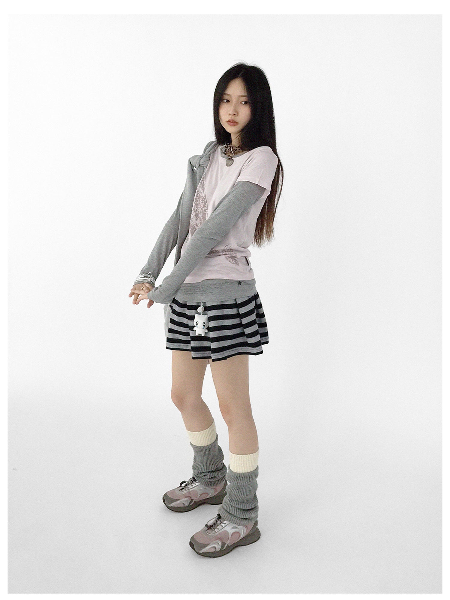 innomoood Striped Pleated Knit Miniskirt with Ribbed Waist