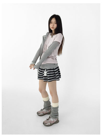 innomoood Striped Pleated Knit Miniskirt with Ribbed Waist