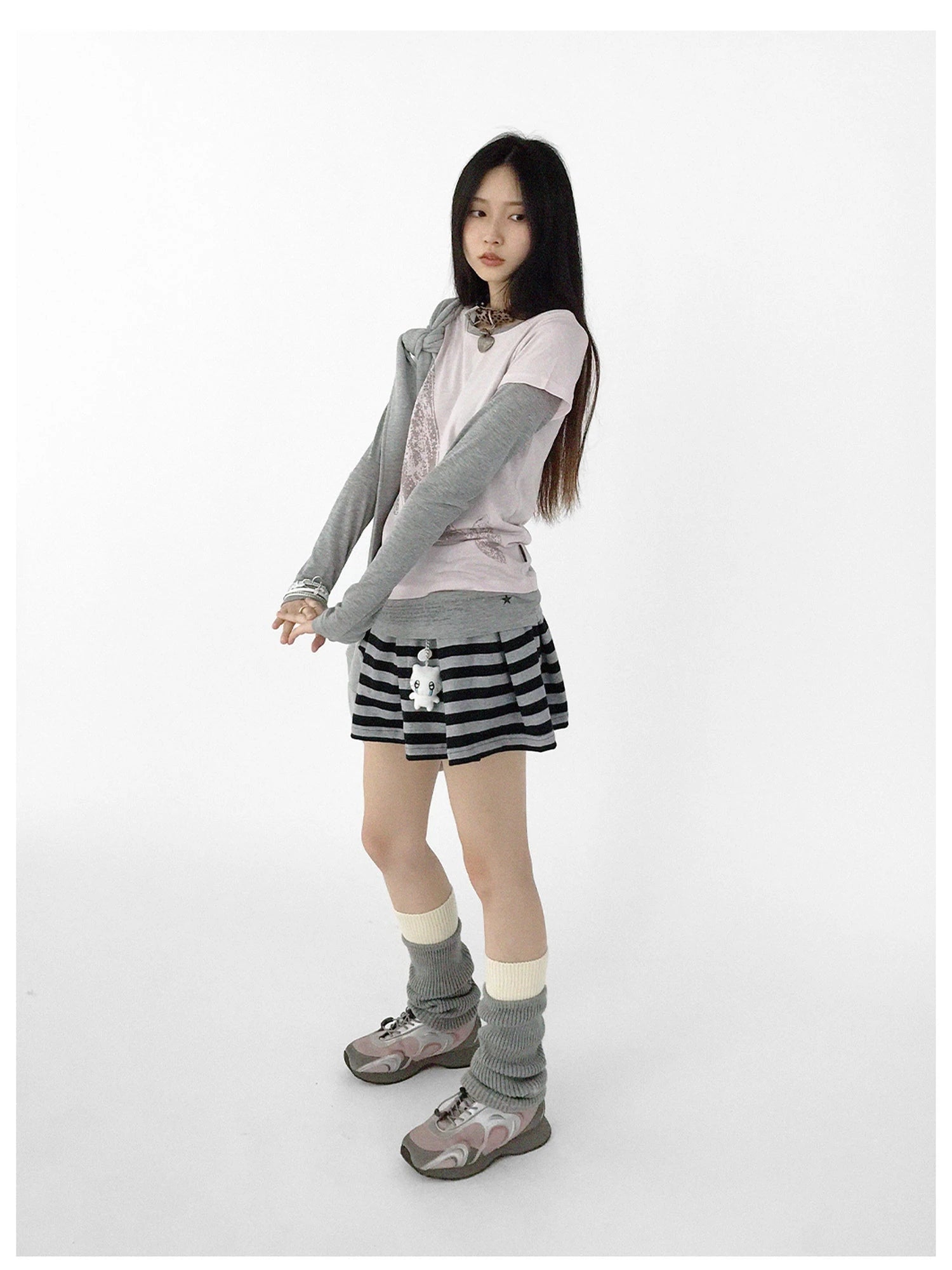 Striped Pleated Knit Miniskirt with Ribbed Waist