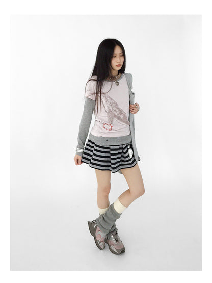 innomoood Striped Pleated Knit Miniskirt with Ribbed Waist