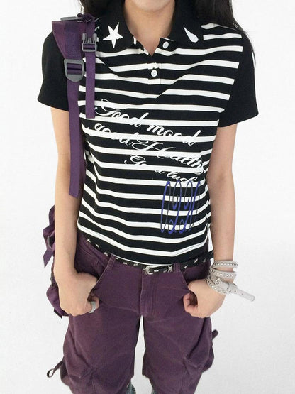 Striped Polo Star Print Collar Relaxed Fit Tee
