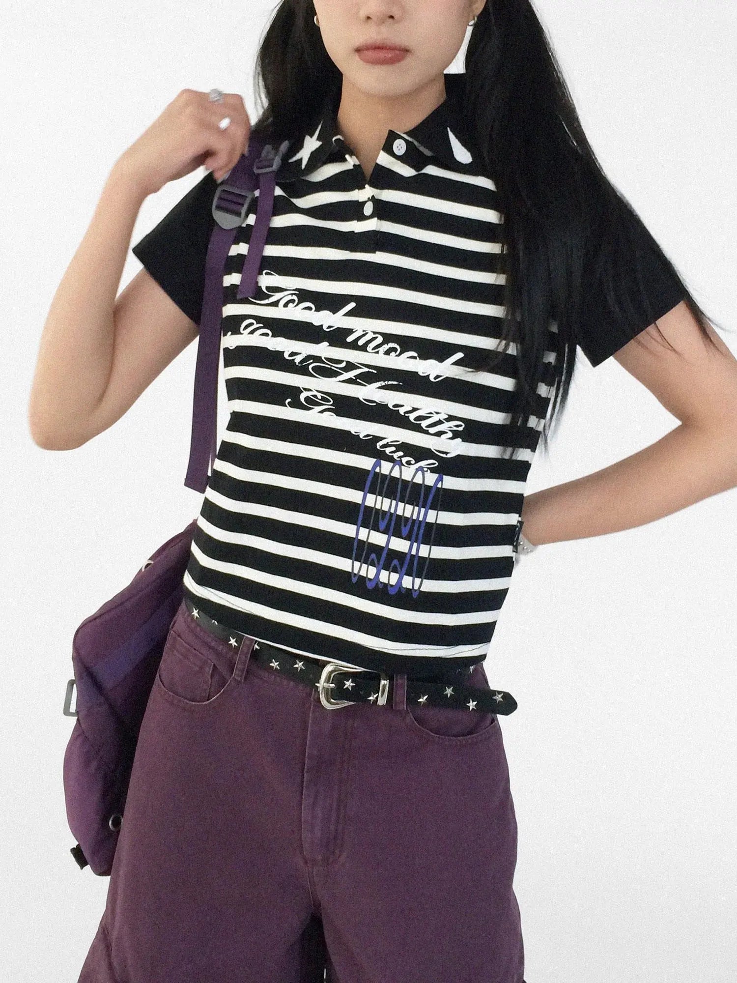 Striped Polo Star Print Collar Relaxed Fit Tee