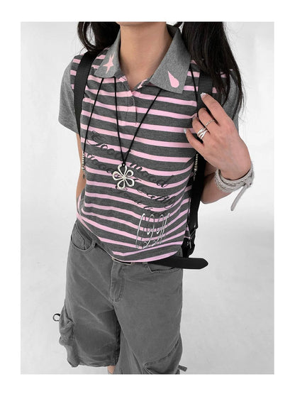 Striped Polo Star Print Collar Relaxed Fit Tee