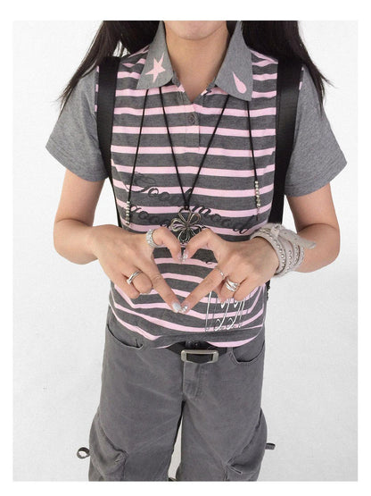 Striped Polo Star Print Collar Relaxed Fit Tee