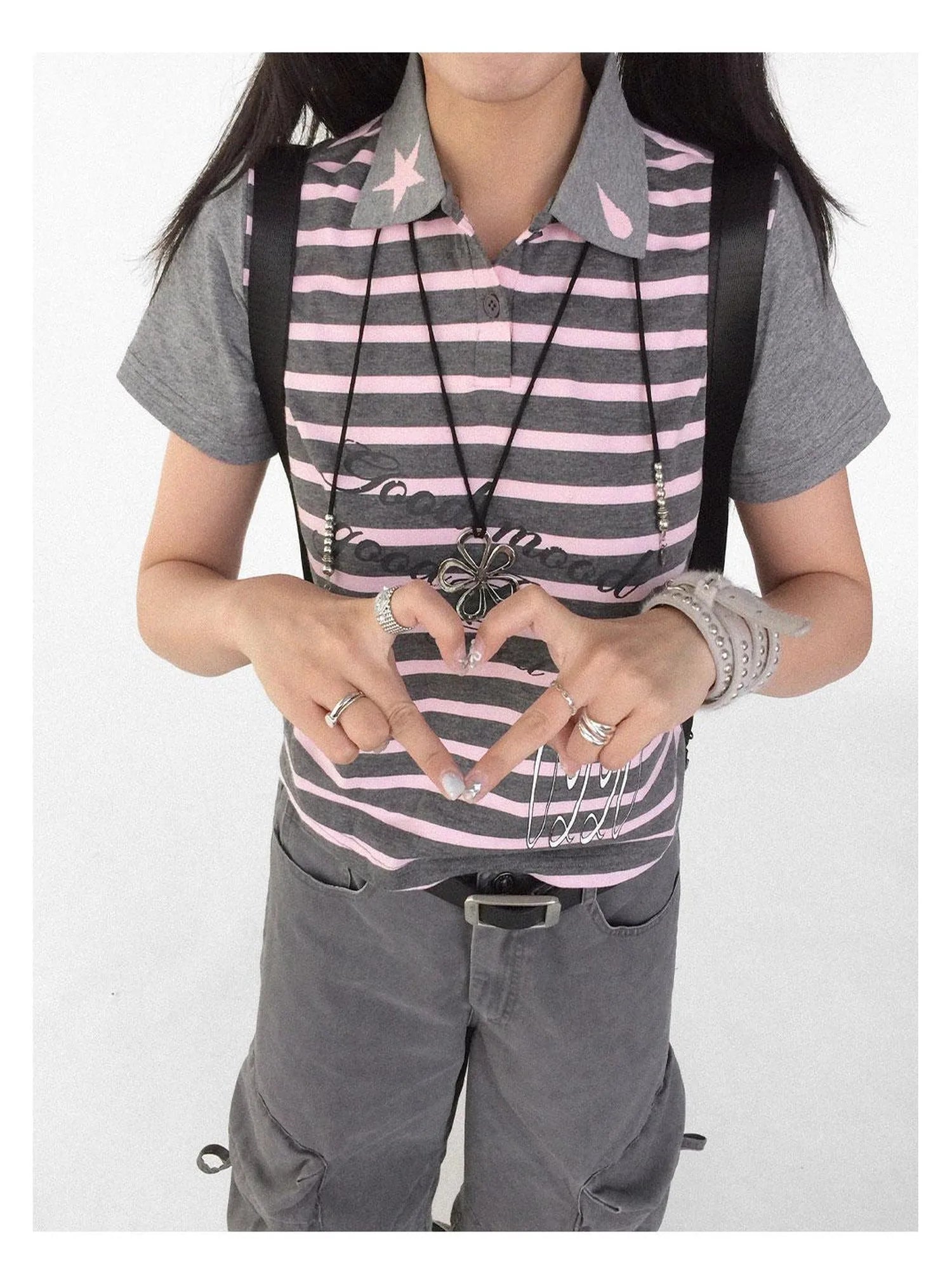 Striped Polo Star Print Collar Relaxed Fit Tee