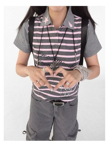 Striped Polo Star Print Collar Relaxed Fit Tee