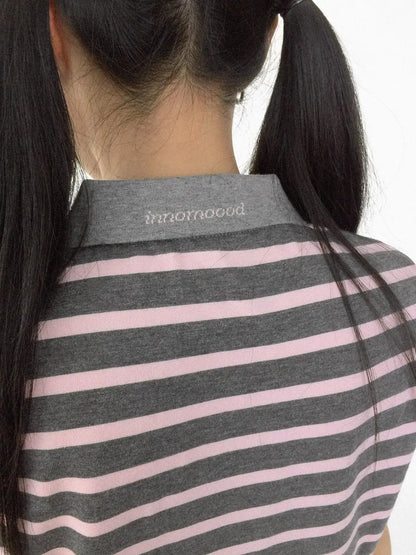 Striped Polo Star Print Collar Relaxed Fit Tee