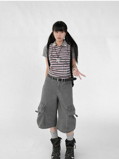 Striped Polo Star Print Collar Relaxed Fit Tee