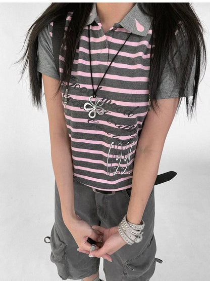 Striped Polo Star Print Collar Relaxed Fit Tee