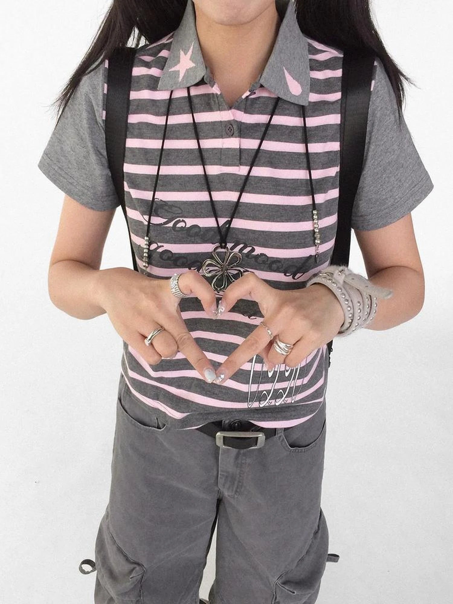 Striped Polo Star Print Collar Relaxed Fit Tee