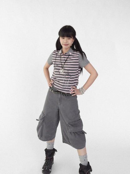 Striped Polo Star Print Collar Relaxed Fit Tee