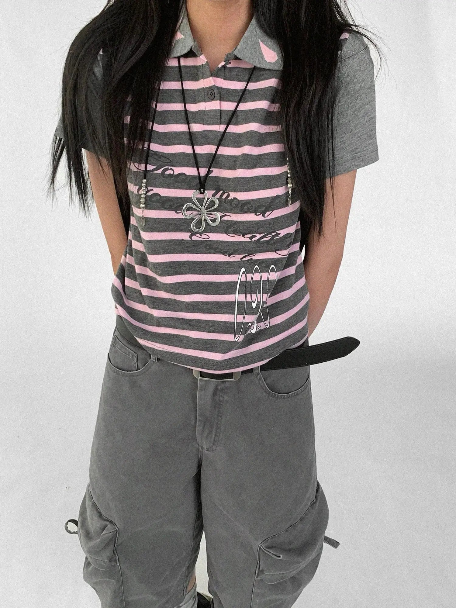 Striped Polo Star Print Collar Relaxed Fit Tee