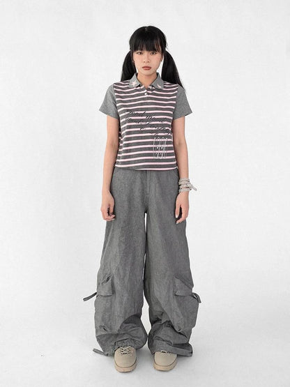 Striped Polo Star Print Collar Relaxed Fit Tee