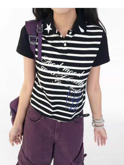 Striped Polo Star Print Collar Relaxed Fit Tee