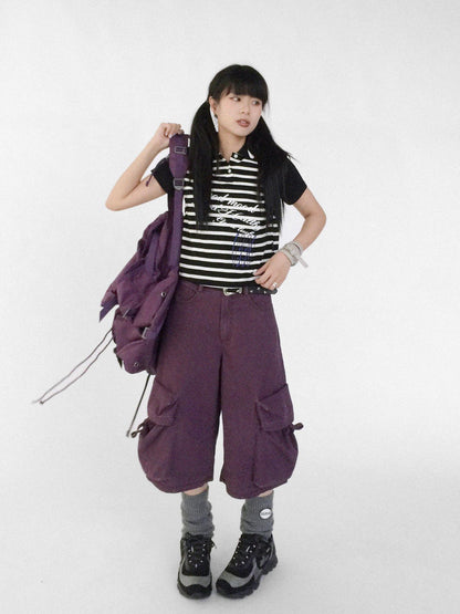 Striped Polo Star Print Collar Relaxed Fit Tee