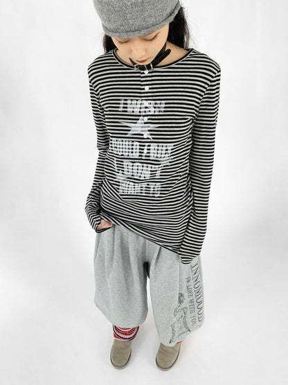 innomoood Striped Print Star Long Sleeve Tee Multi Way Stretch Y2K Top
