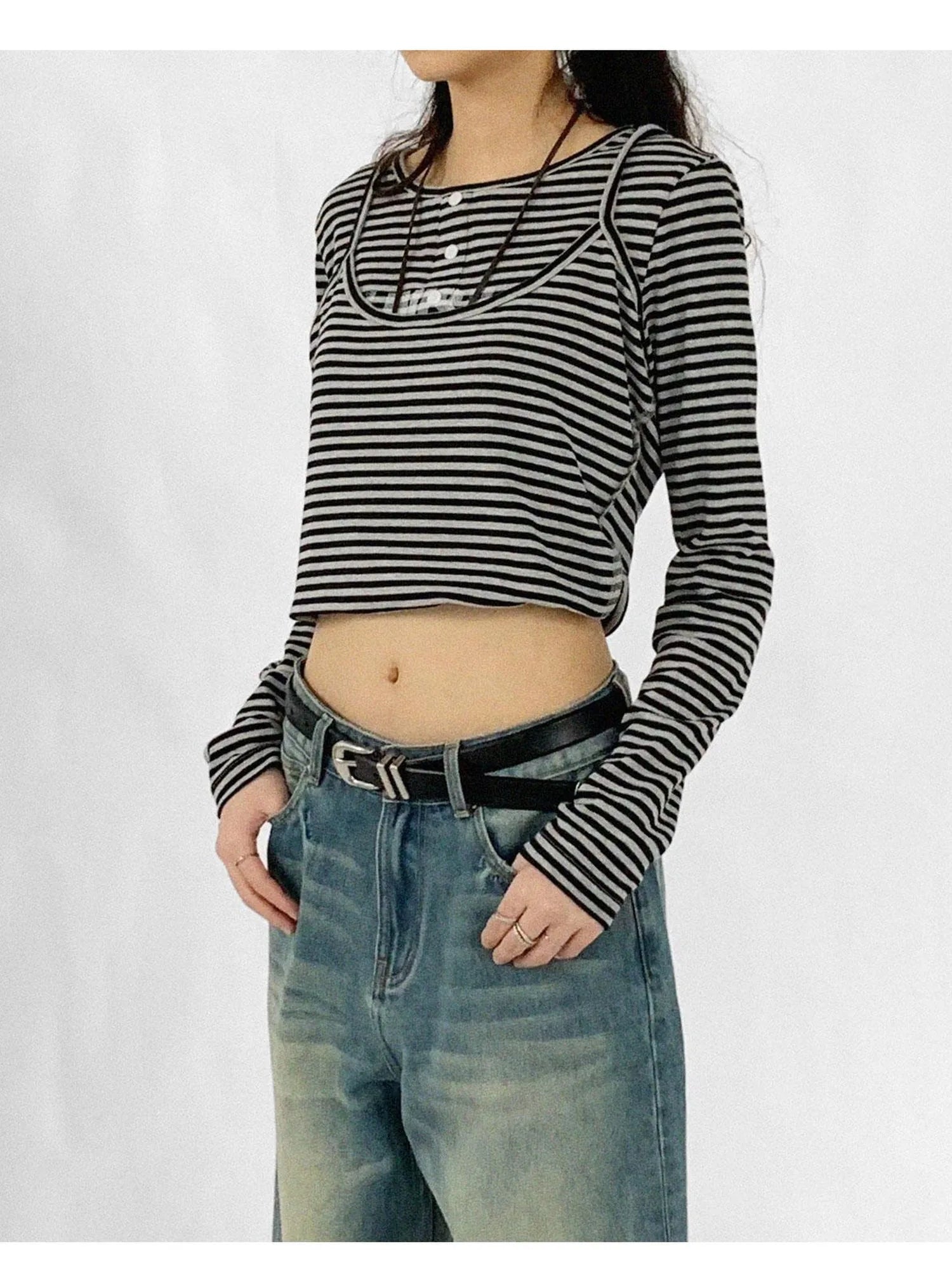 Striped Print Star Long Sleeve Tee Multi Way Stretch Y2K Top