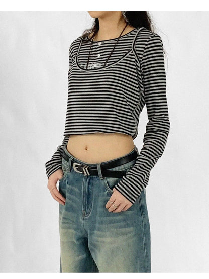 Striped Print Star Long Sleeve Tee Multi Way Stretch Y2K Top