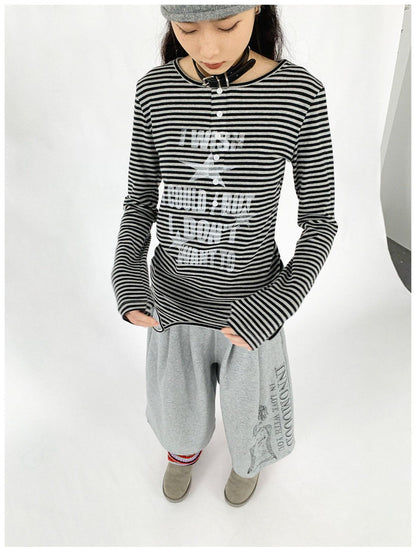 innomoood Striped Print Star Long Sleeve Tee Multi Way Stretch Y2K Top