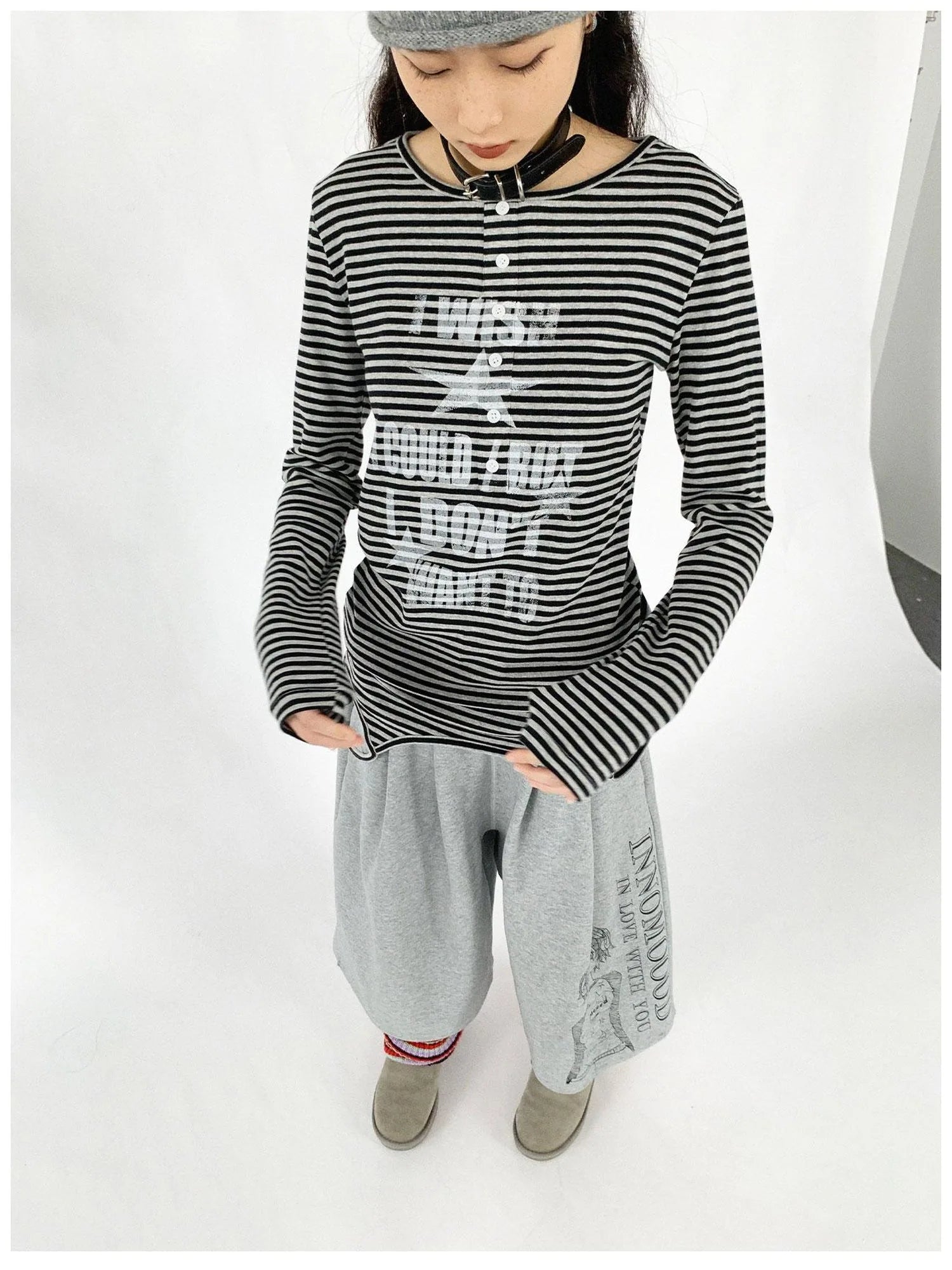 Striped Print Star Long Sleeve Tee Multi Way Stretch Y2K Top