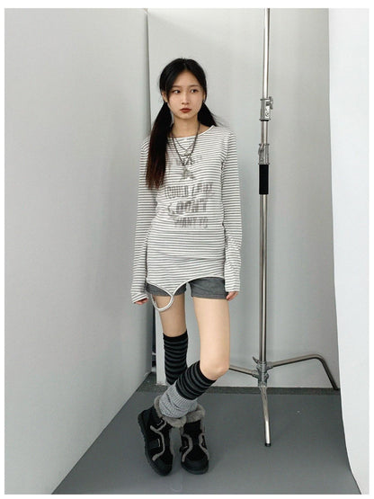 innomoood Striped Print Star Long Sleeve Tee Multi Way Stretch Y2K Top