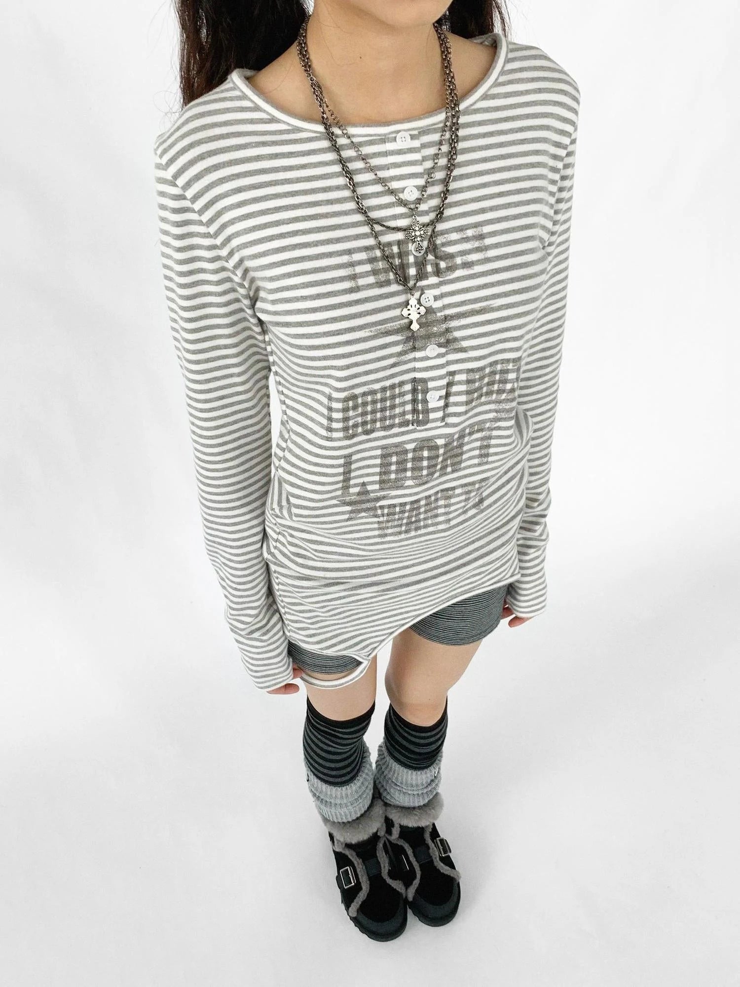 Striped Print Star Long Sleeve Tee Multi Way Stretch Y2K Top