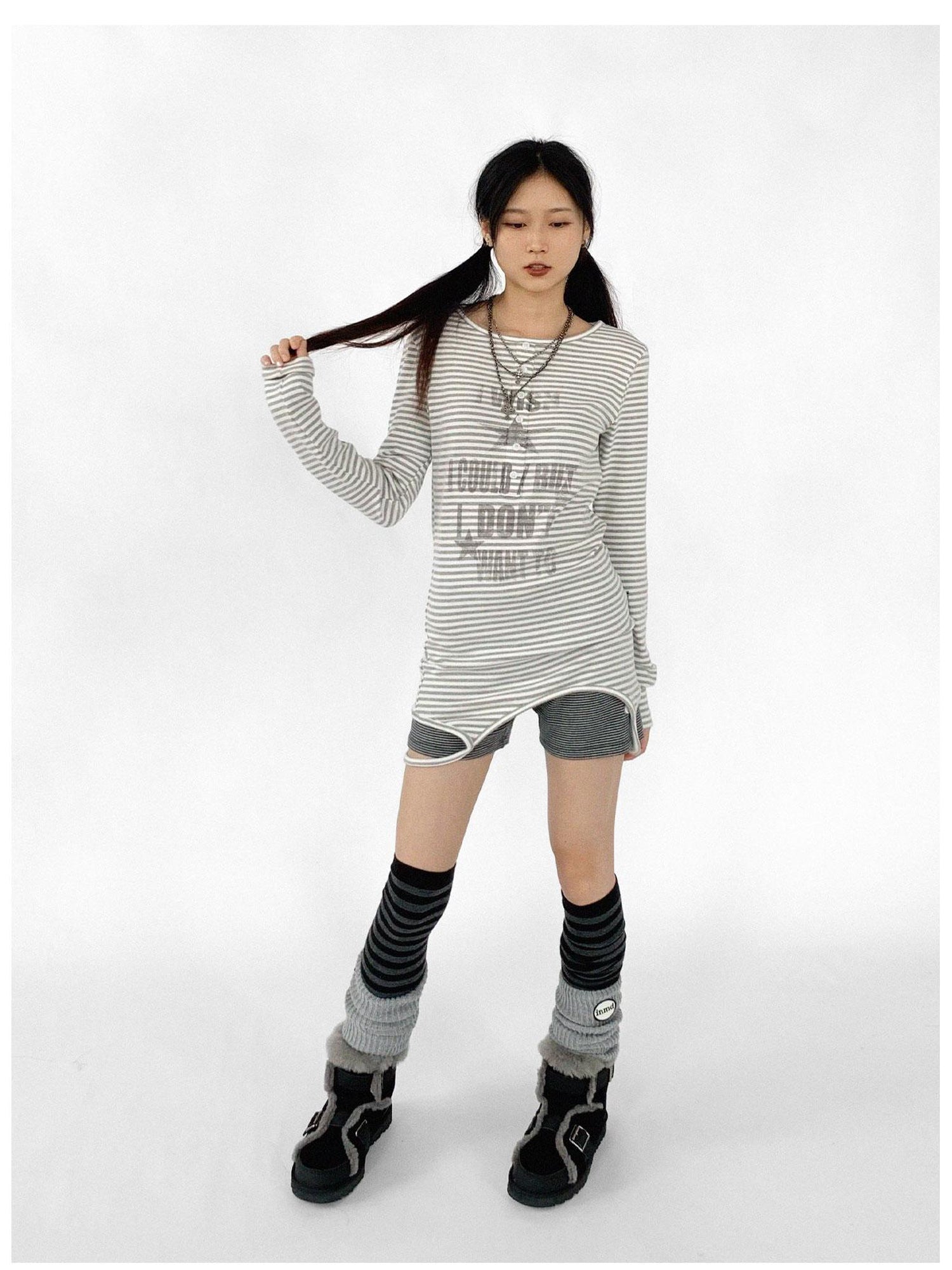 innomoood Striped Print Star Long Sleeve Tee Multi Way Stretch Y2K Top