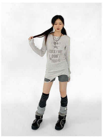 innomoood Striped Print Star Long Sleeve Tee Multi Way Stretch Y2K Top