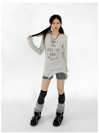 Striped Print Star Long Sleeve Tee Multi Way Stretch Y2K Top