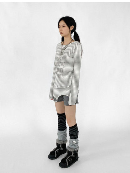 Striped Print Star Long Sleeve Tee Multi Way Stretch Y2K Top