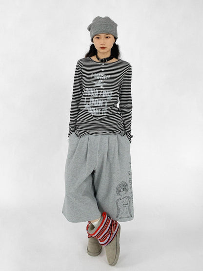 innomoood Striped Print Star Long Sleeve Tee Multi Way Stretch Y2K Top