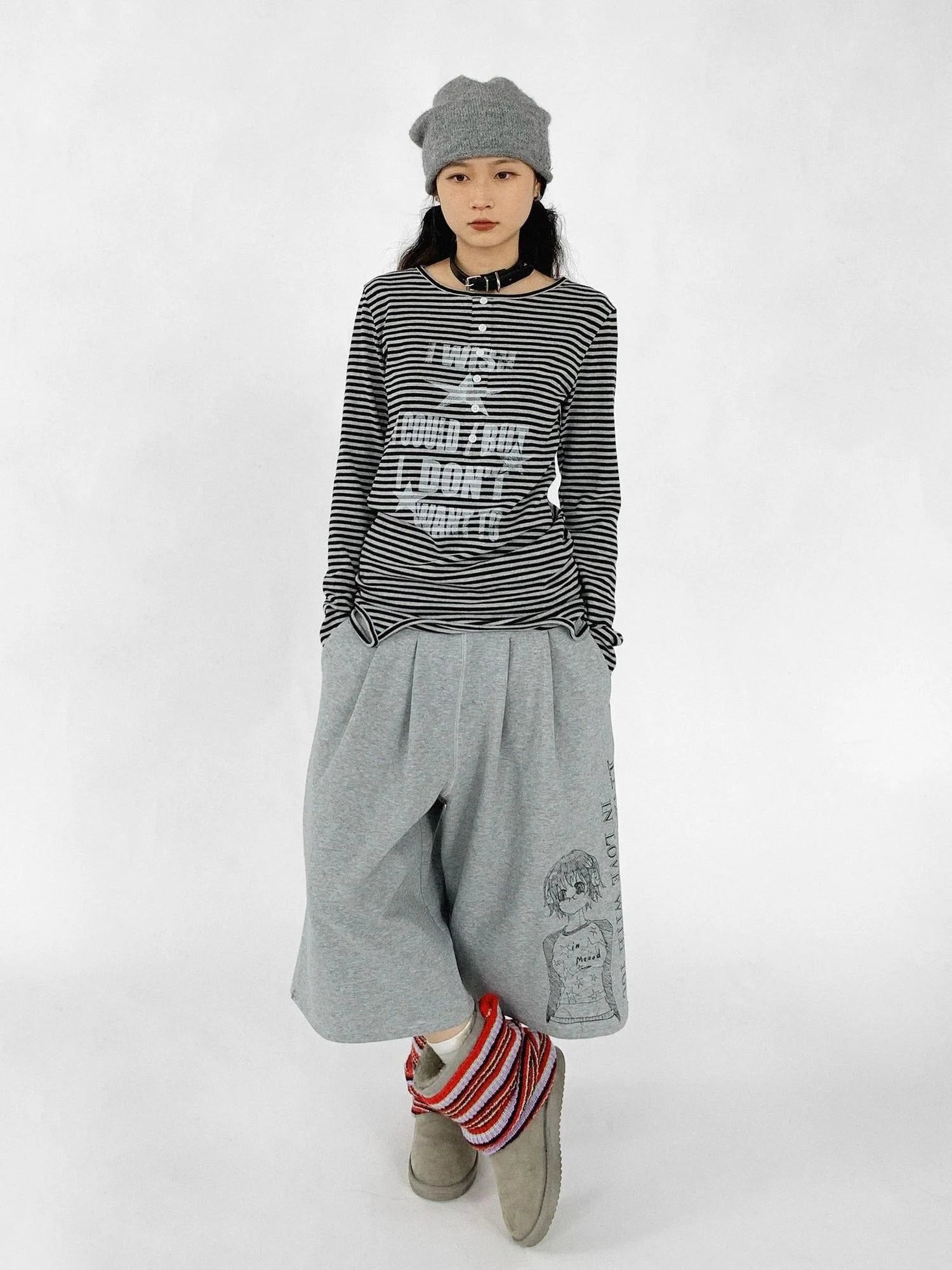 Striped Print Star Long Sleeve Tee Multi Way Stretch Y2K Top