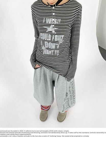 innomoood Striped Print Star Long Sleeve Tee Multi Way Stretch Y2K Top
