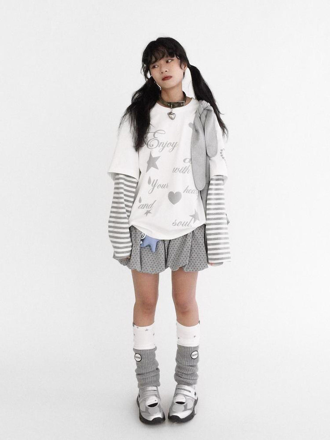 innomoood Striped Relaxed Fit Bubble Print Layered Tee