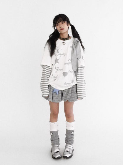 innomoood Striped Relaxed Fit Bubble Print Layered Tee