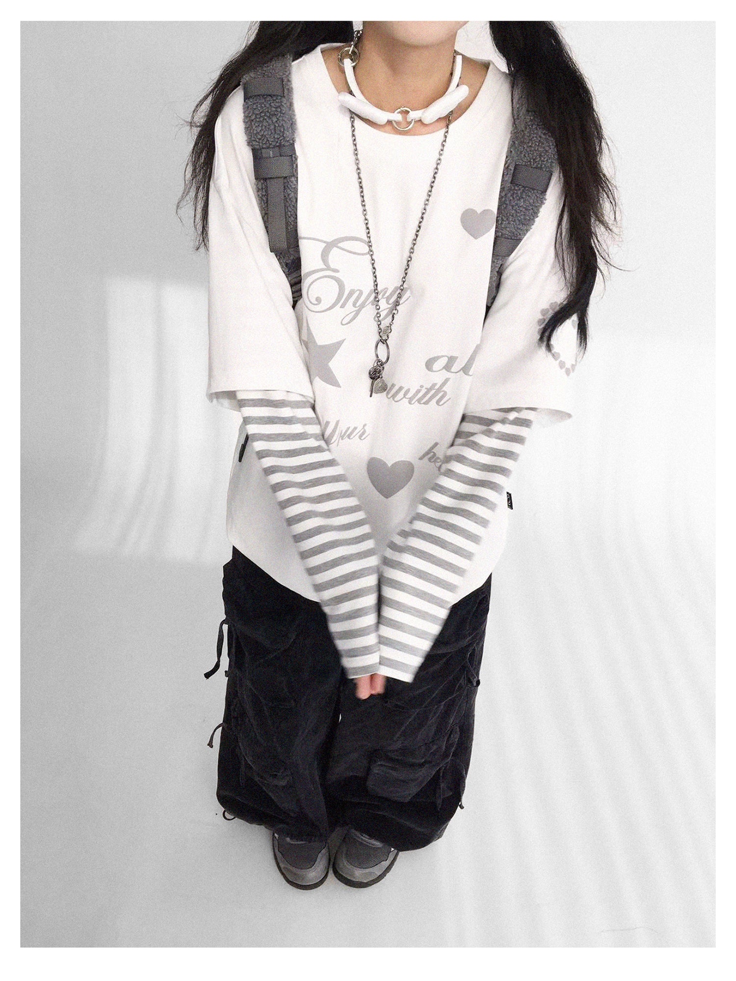 innomoood Striped Relaxed Fit Bubble Print Layered Tee